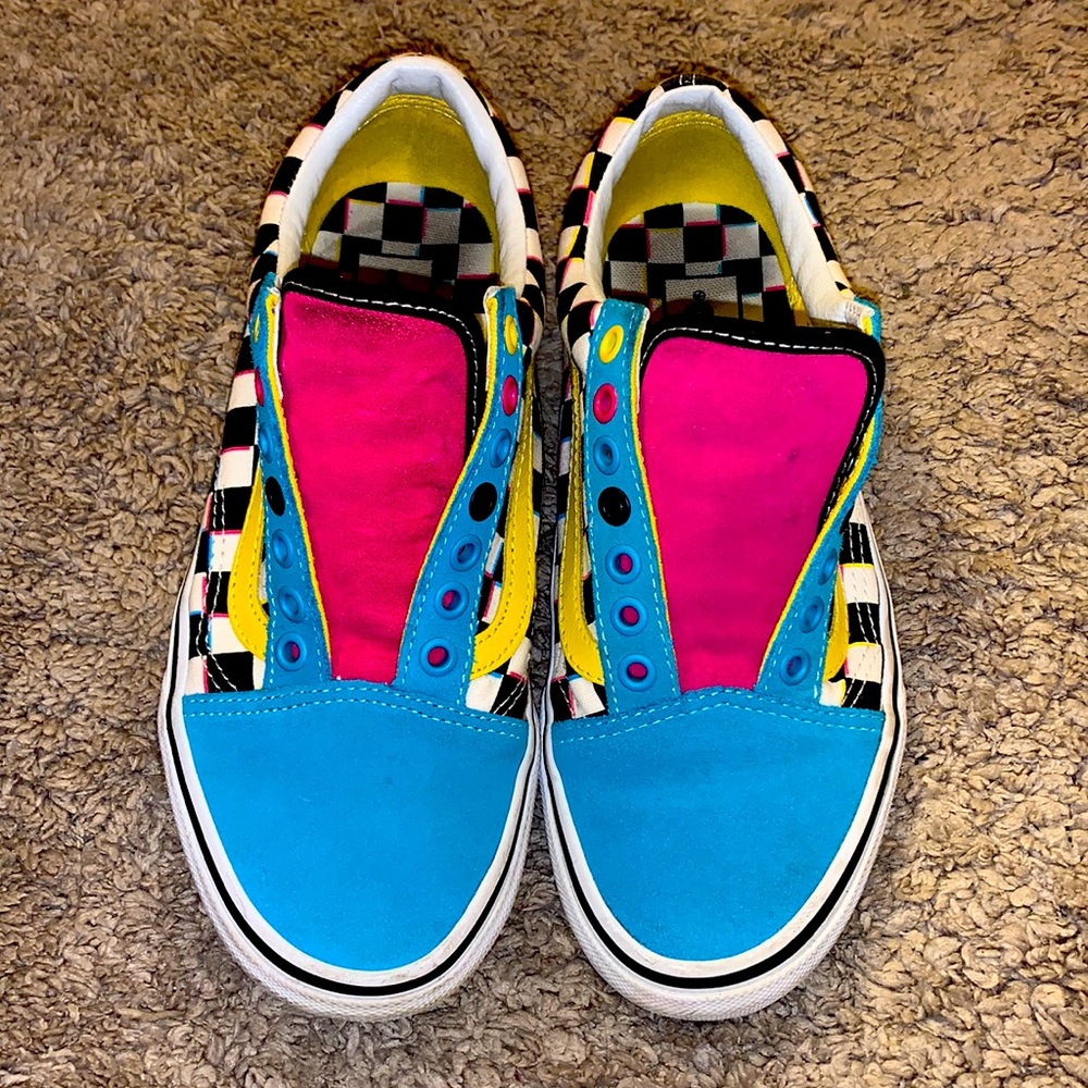 Vans, Old Skool Colorful Checker, womens size 8, teal, yellow, pink